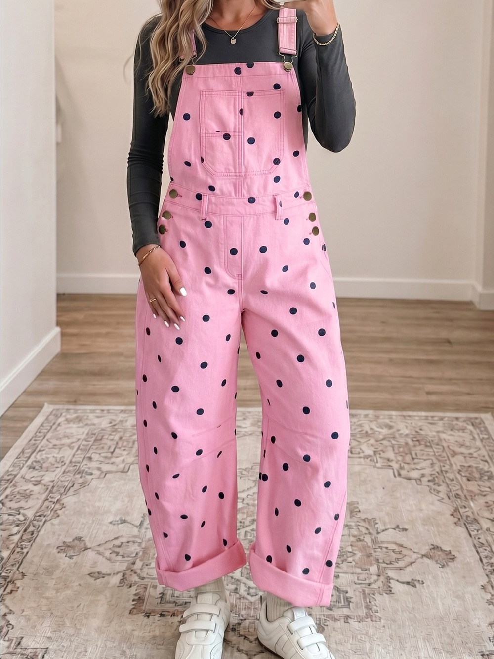 Pink Polka Dot Wide-Leg Overalls